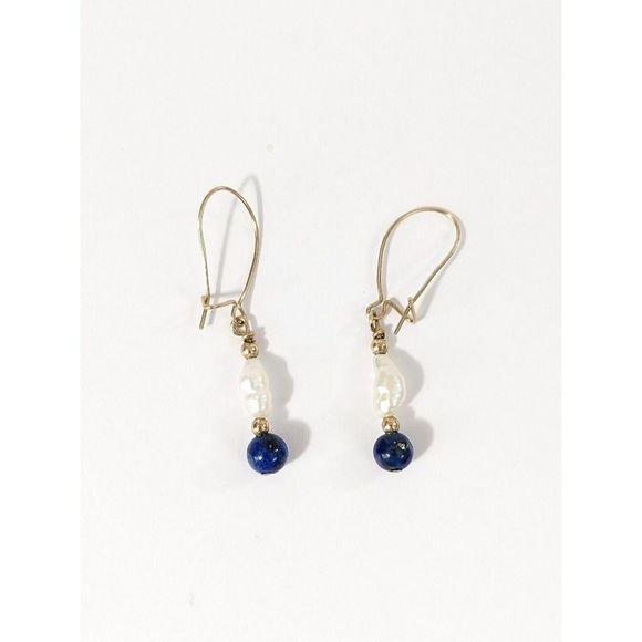 Baroque Pearl Lapis Lazuli Gold Tone Kidney Wire Dangle Earrings Elegant Dainty - Picture 2 of 11